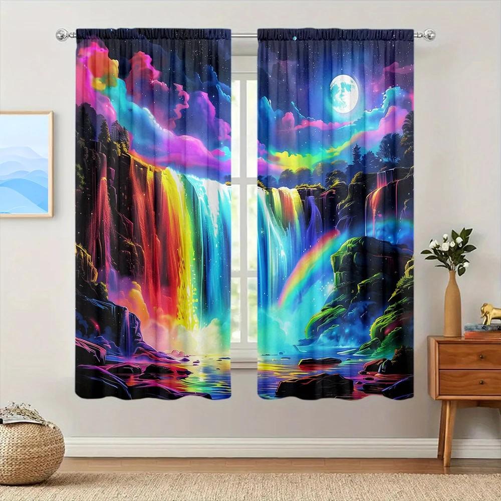 

Set Of 2 Colorful Waterfall Printed Curtains Drapes Polyester Living Room Bedroom Home Decor Curtain Blackout For Great Made With Rod Pocket W100*H70(CM)-Grommet top&1PCS