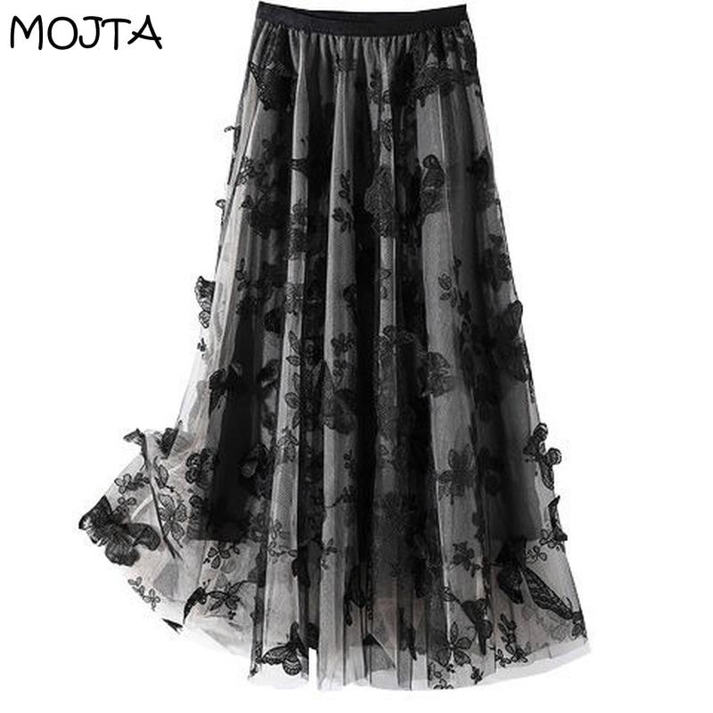 Women Spring Autumn Boho Lace Crochet Skirt Stretch High Waist Women Embroidery A-Line Skirt Women Beach Pleated Skirt