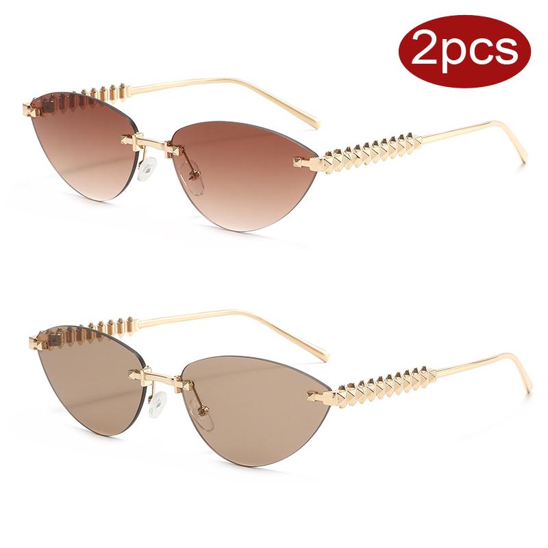

2pcs New Luxury Rimless Small Cat Eye Sunglasses Women Gold-tone Rivets Alloy Frame Sun Glasses UV400 Popular Shades Eyewear