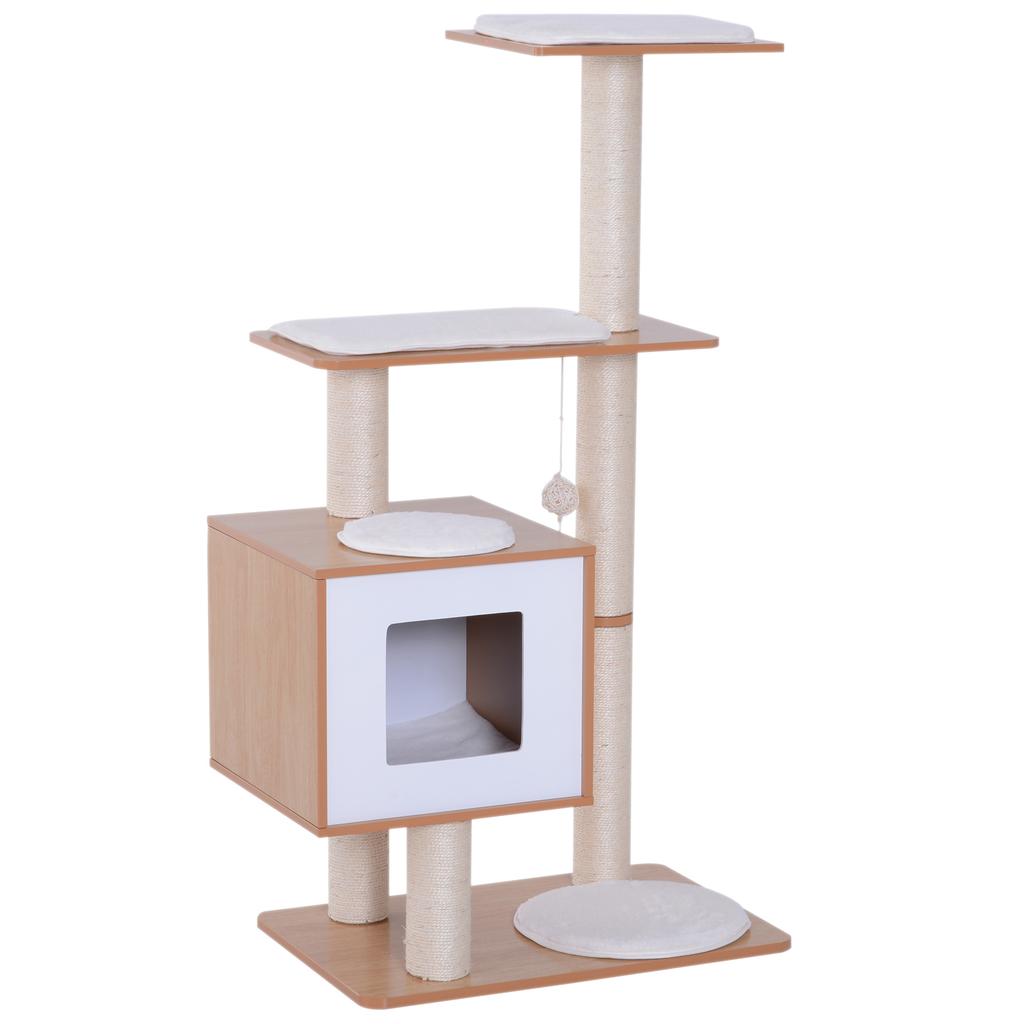Cat Scratching Post Height 120cm with Kennel, Platforms and Sisal Toys, MDF 71.5x49.5x120cm Wood, White