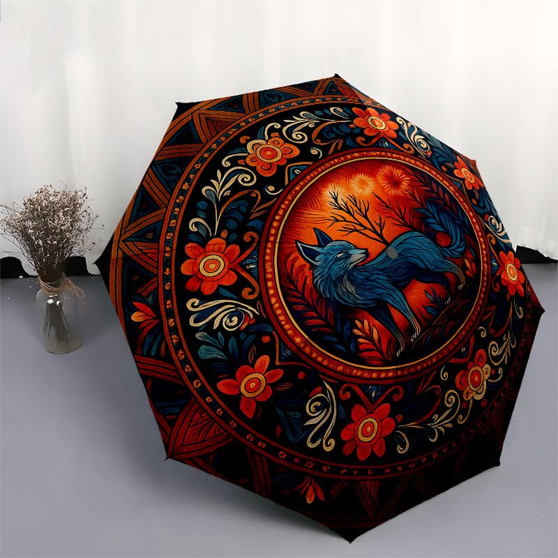 Bohemian Wolf Mandala Rug: Vibrant Floral Design for Your Home DecorUmbrella, Portable 3-Fold Compact Umbrella,Christmas Gift ES565