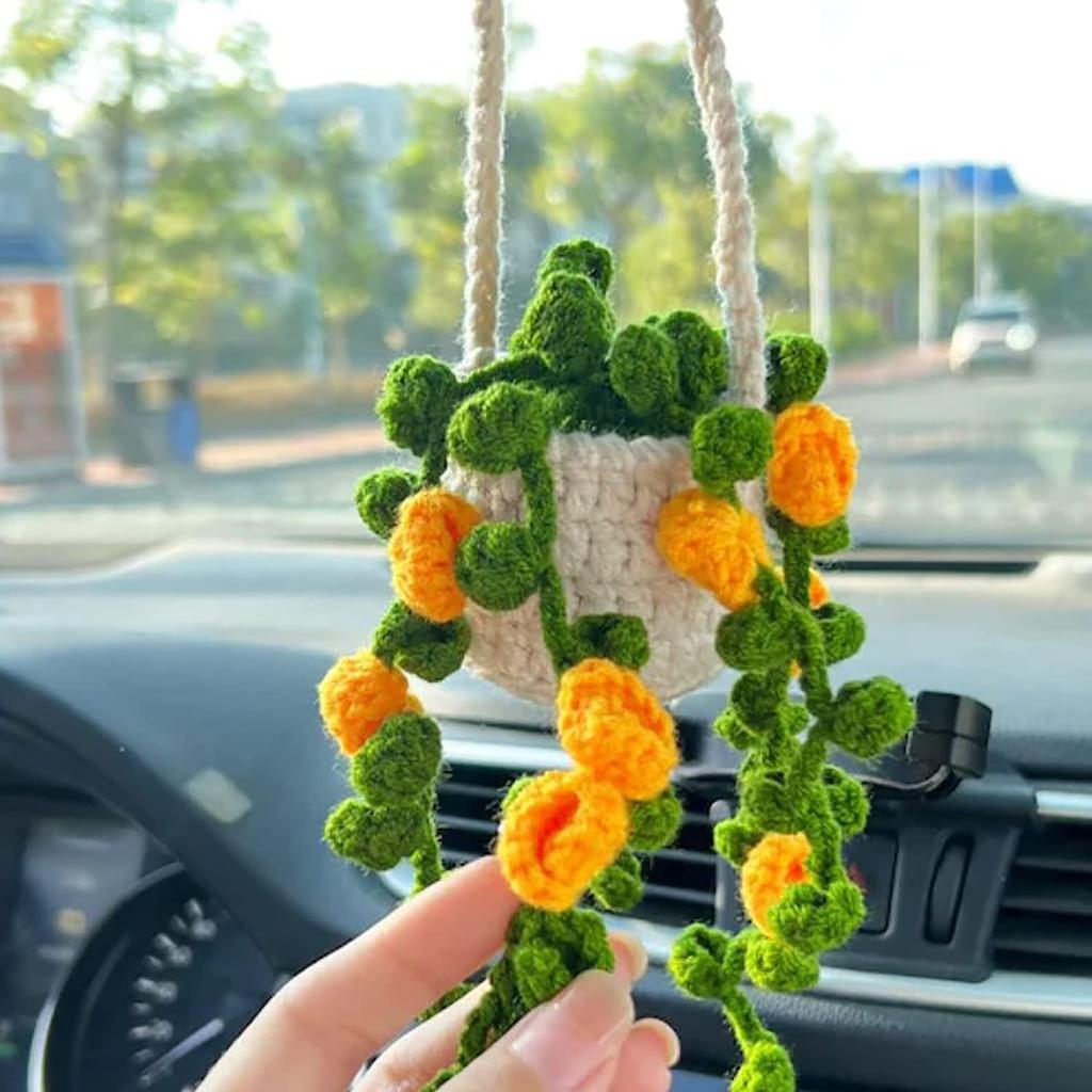 Crochet Hanging Plant for Car, Cute Car Plant Accessories, Knitted Plant Car Mirror Hanger, Boho Car Plant Crochet Hanging Basket (A)