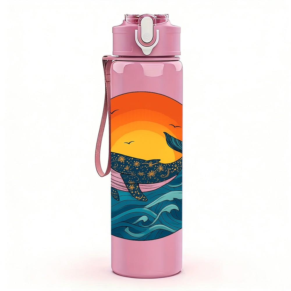 1PC Sunset Whale Ocean Print 750ml Color Plastic Sports Water Bottle Leakproof Flip Straw Lid Suitable for Sports Office Home Use