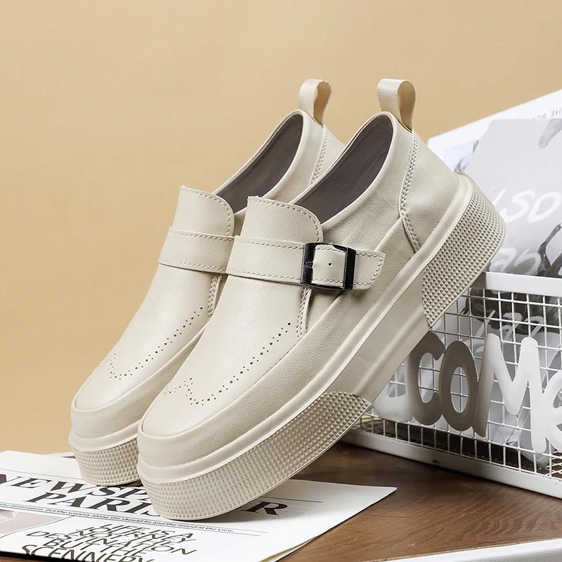 Fashion Casual Leather Shoes For Men Thick Bottom Walking Loafers British Style Comfy Outdoor Slip-on Lightweight Driving Shoes