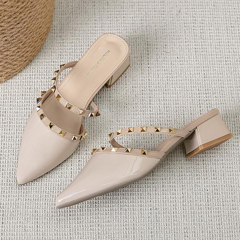 Women Rivet Thick Heel Slide Sandals Pointed Toe Mid-heel Summer Sandals Covered Toe Fashion Slippers Sandalias Para Mujeres 35 покинуть белый