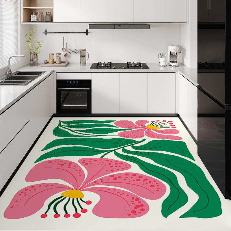 Kitchen Floor Mat Colorful Style Pvc Leather Non-slip Carpet Waterproof Oil-proof Mats Large Area Flower Pattern Decorative Rug