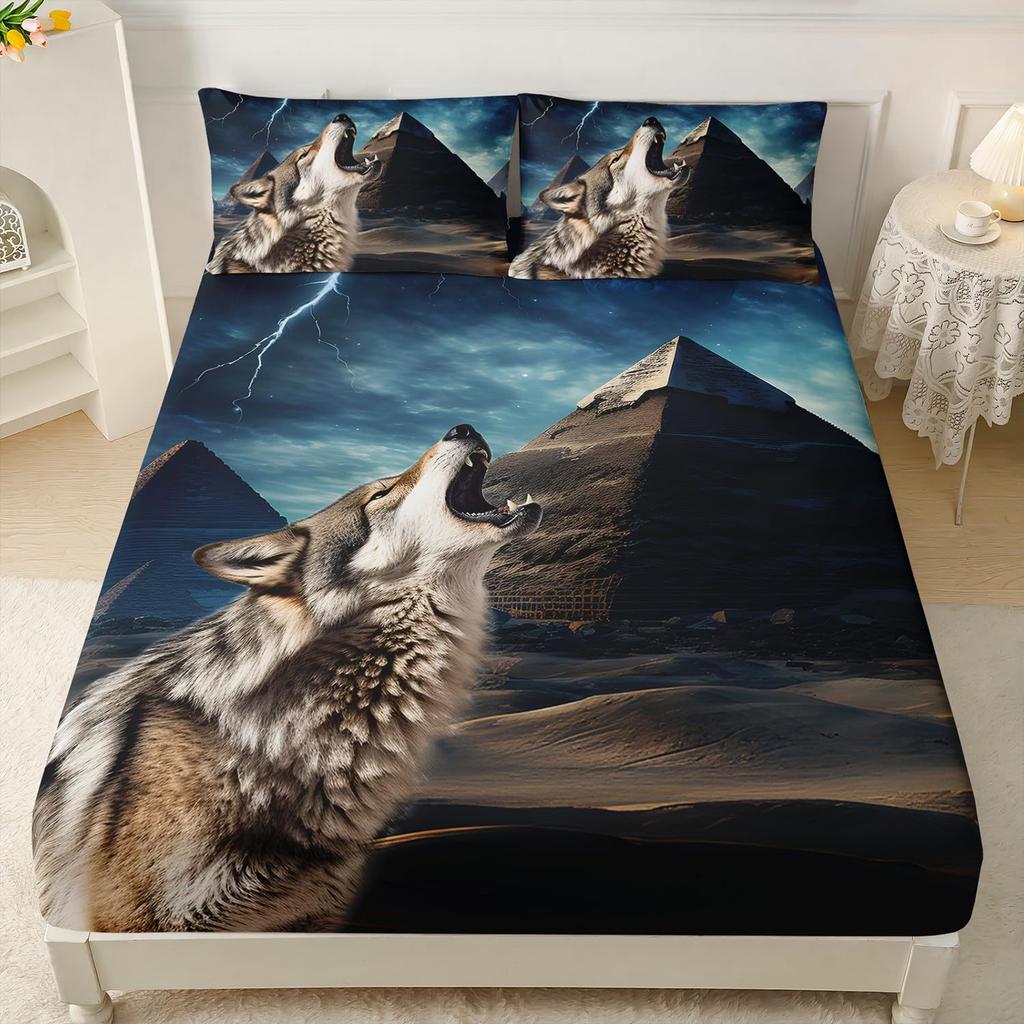 Animal Print Wolf Printed Bed Fitted Sheets Set with Deep Pocket 30cm, Soft Microfibre Bedding Sheets for Single Double Size