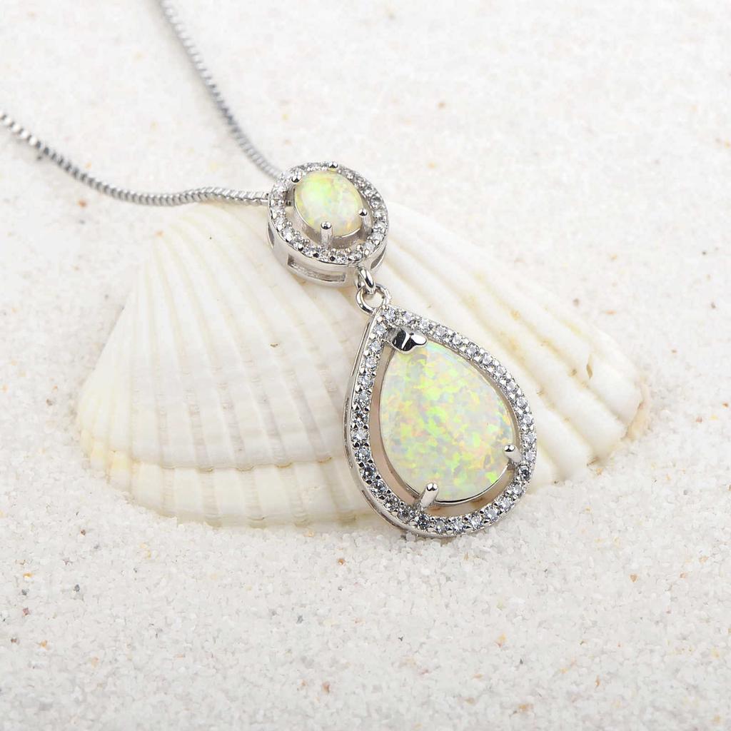 Silver Plated Lab Created White Opal Teardrop Necklace Design Sweater Chain Ocean Pendant Trendy Gift