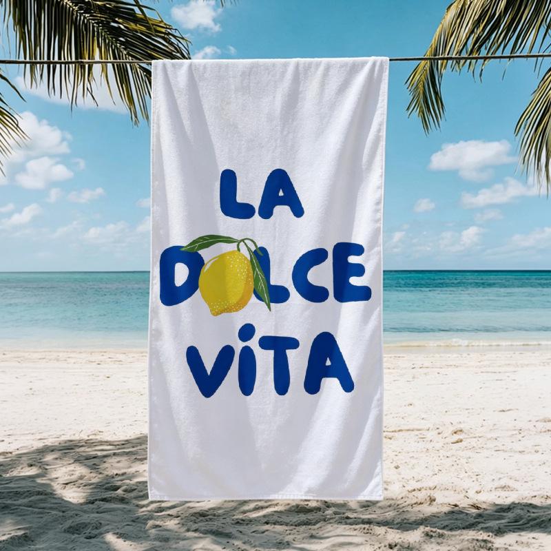 Large Quick-Drying Italian Lemon Print Towel with Blue & White Stripes - Absorbent Beach, Bath, Swim, Picnic Mat