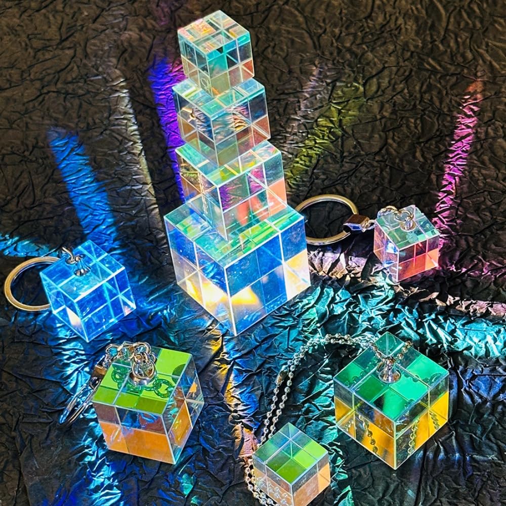 Seimeinoki Prism Cube Sada 4 optických skleněných kostek K9 Crystal Transparent Colorful Dichroic for Light Teaching Tool 4, Sizes, Prism, Material, Prism,