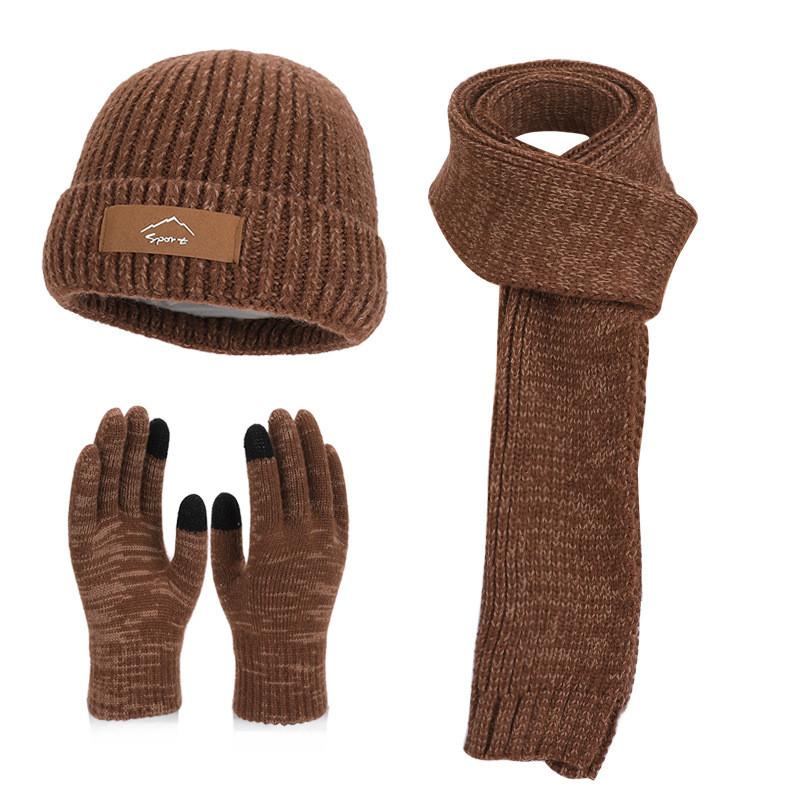 

Зимний вязаный комплект: шапка, шарф, перчатки для мужчин и женщин, с флисовой подкладкой для комфорта в холодную погоду коричневый