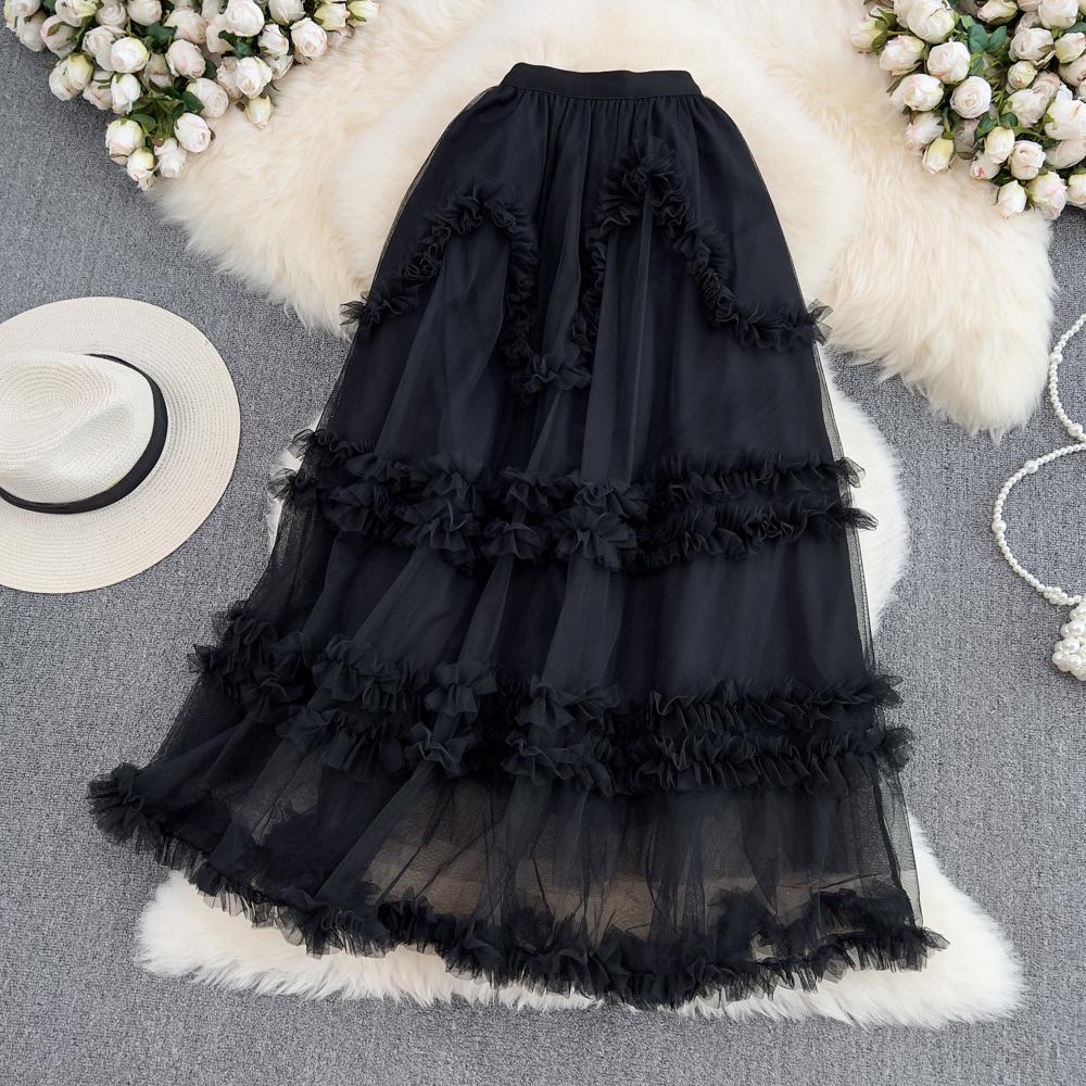 Elastic Waist Fairy Mesh Cake Skirt A-Line Skirt Summer Korean Version High Waist Slim All-Match Midi Skirt