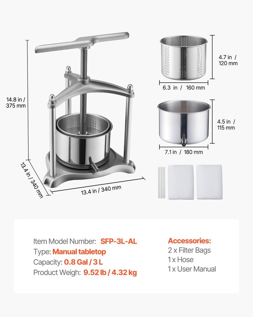 Fruit Wine Press, 0.8 Gallon/3L, Stainless Steel Manual Juice Maker with Powerful T-Shaped Handle, Juice Making for Apple/Grape/Orange/Berry,
