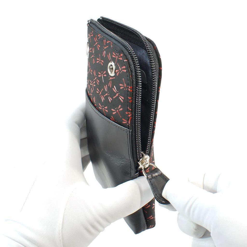 Indenya Inden Sacoche Smartphone Pochette Smartphone Case Deerskin Black X Red Lacquer Dragonfly Pattern 5027-21-008