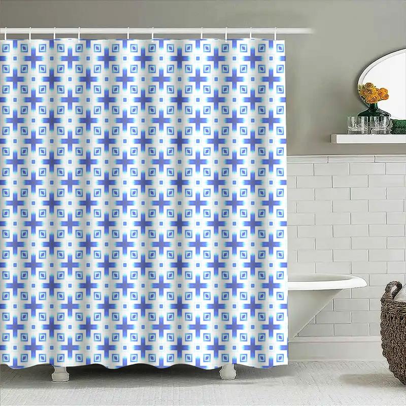 Blue White Bath Curtain With Geometric Design For Home Decor Quick Drying Fabric Shower Curtains In Blue Tones (60X72)