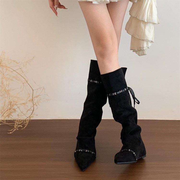 

Wasteland Spice Girls Inner Heightening Western Cowboy Boots Women s Autumn and Winter Pile Boots Lace-up Skinny Knee Boots 35