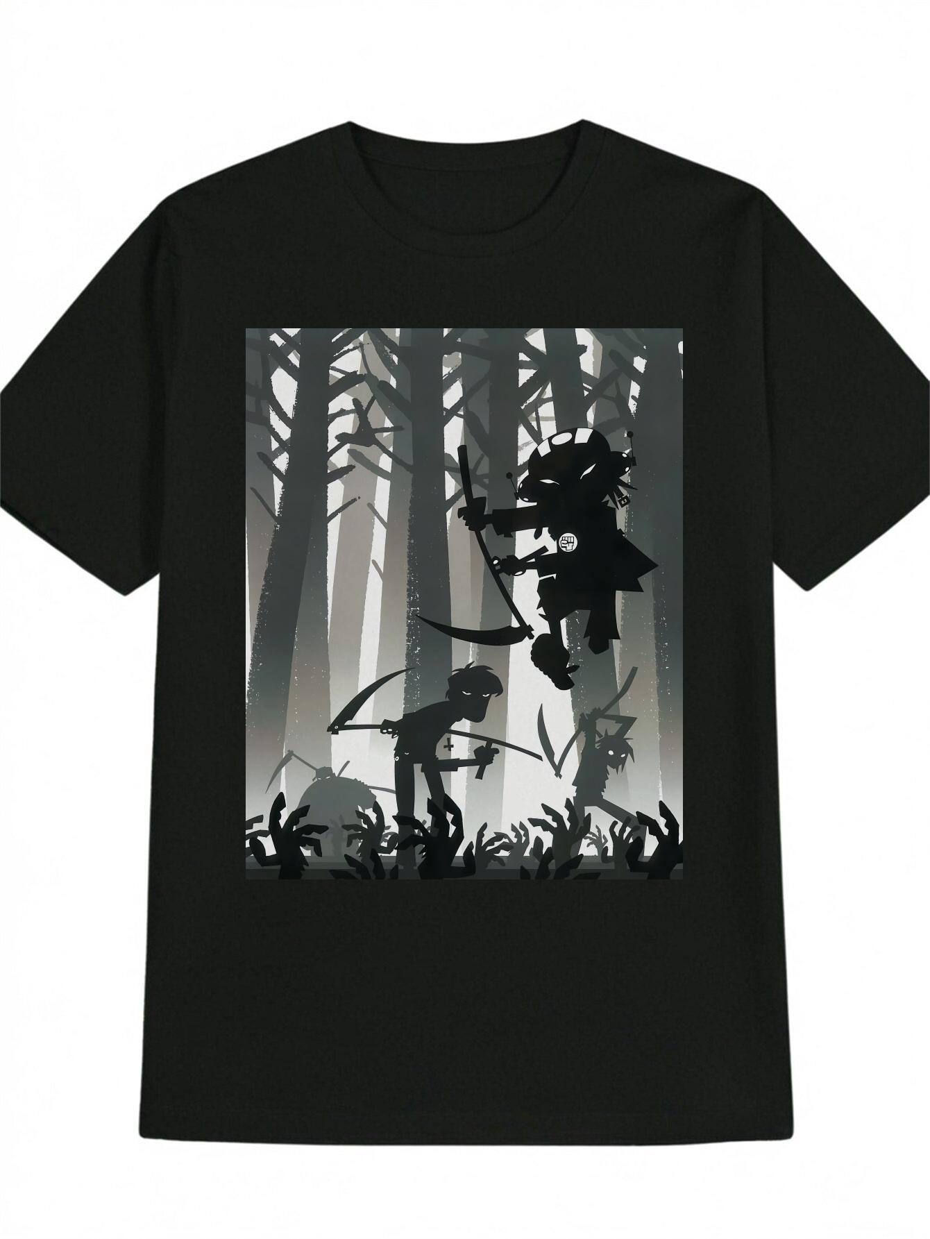 

Casual Graphic T-shirt with Robot Scythe & Forest Silhouette Print - Black Round Neck Summer Tee XXXL