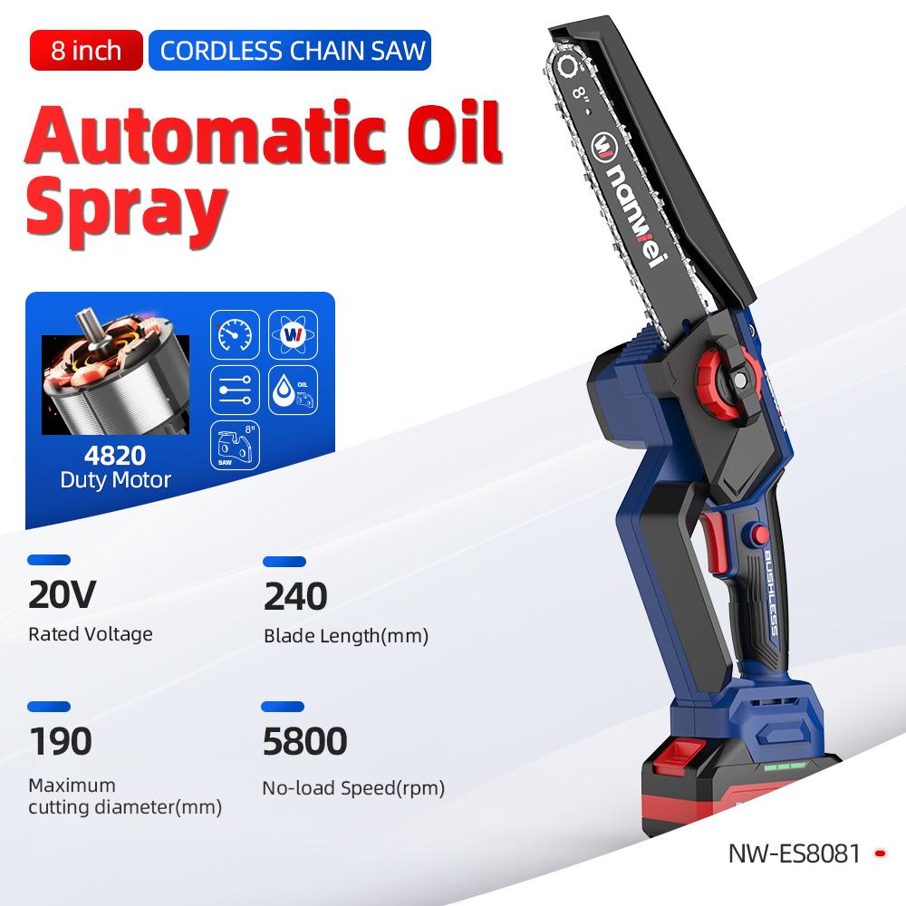 NANWEI Motosierra eléctrica de 8 pulgadas 5800 rpm, Velocidad 8 m/s, Presión manual