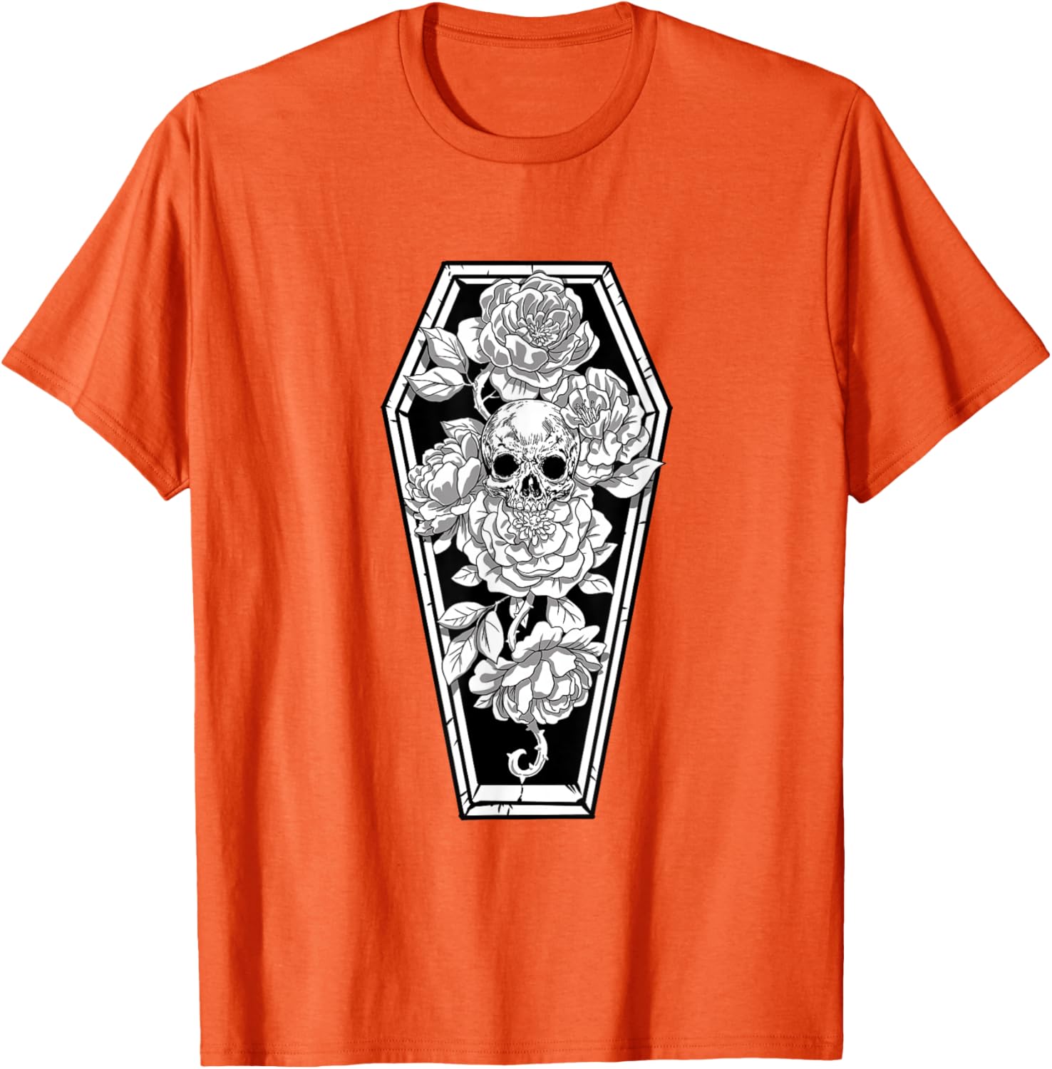 

Gothic Coffin Skull and Roses Graphic Tee Soft Casual Cotton T-Shirt for Men 4XL