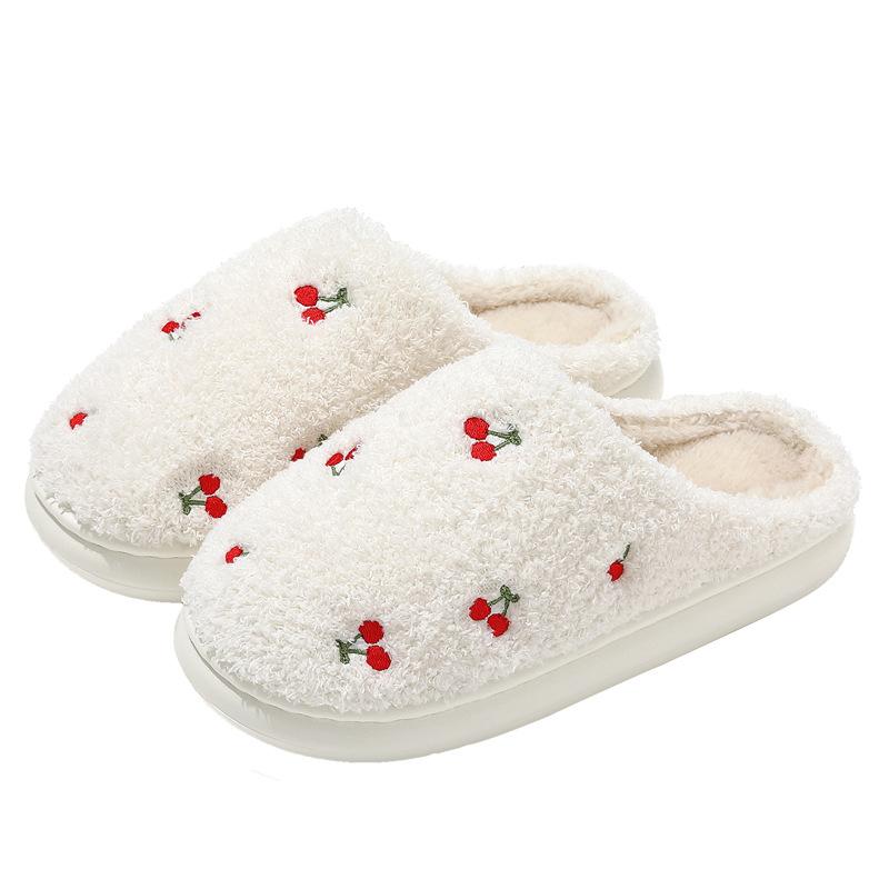 Home Cotton Slippers Winter Cute Embroidered Cherry Plush Warm Indoor Household Non-slip Fluffy Slippers