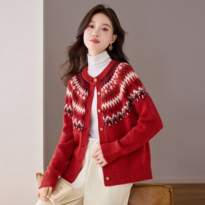 Women's Fair Isle Jacquard Knit Wool Cardigan Coat - Warm Button Sweater for Autumn/Winter