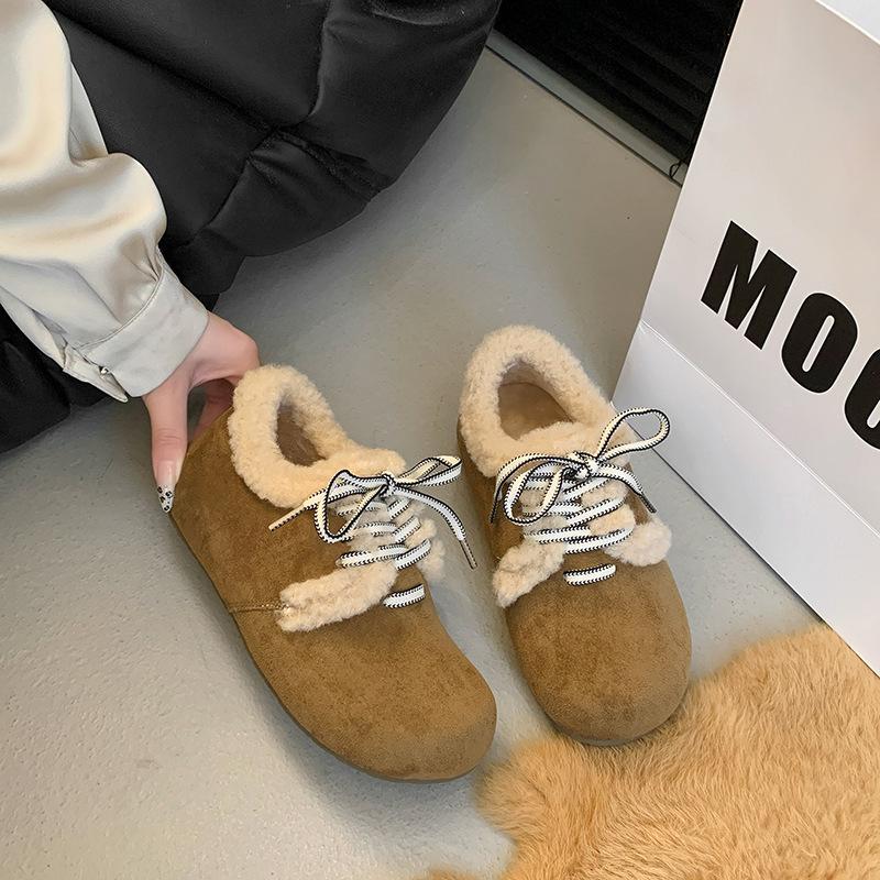 Fleece Warm Cotton Shoes 2024 Autumn and Winter Retro Round Head Lace-up Versatile Flat Bottom Non-slip Women's Single Shoes