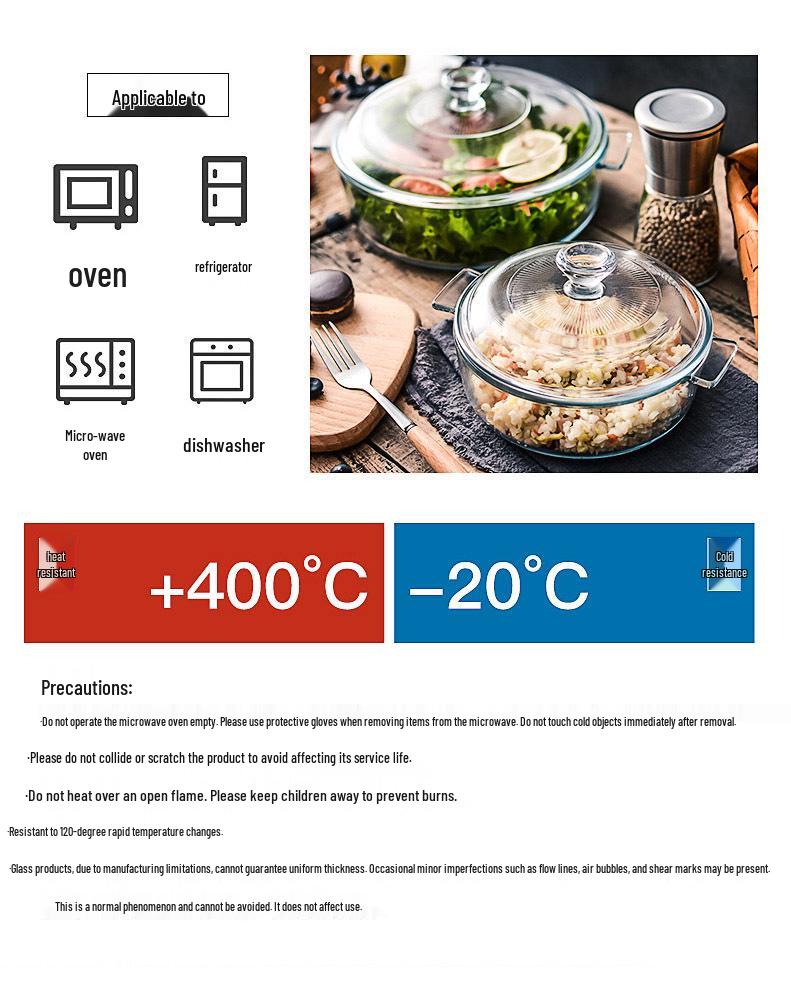 Heat-Resistant Crystal Glass Pot with Lid for Oven & Microwave; Double-Ear Soup Bowl for Steaming & Stewing.