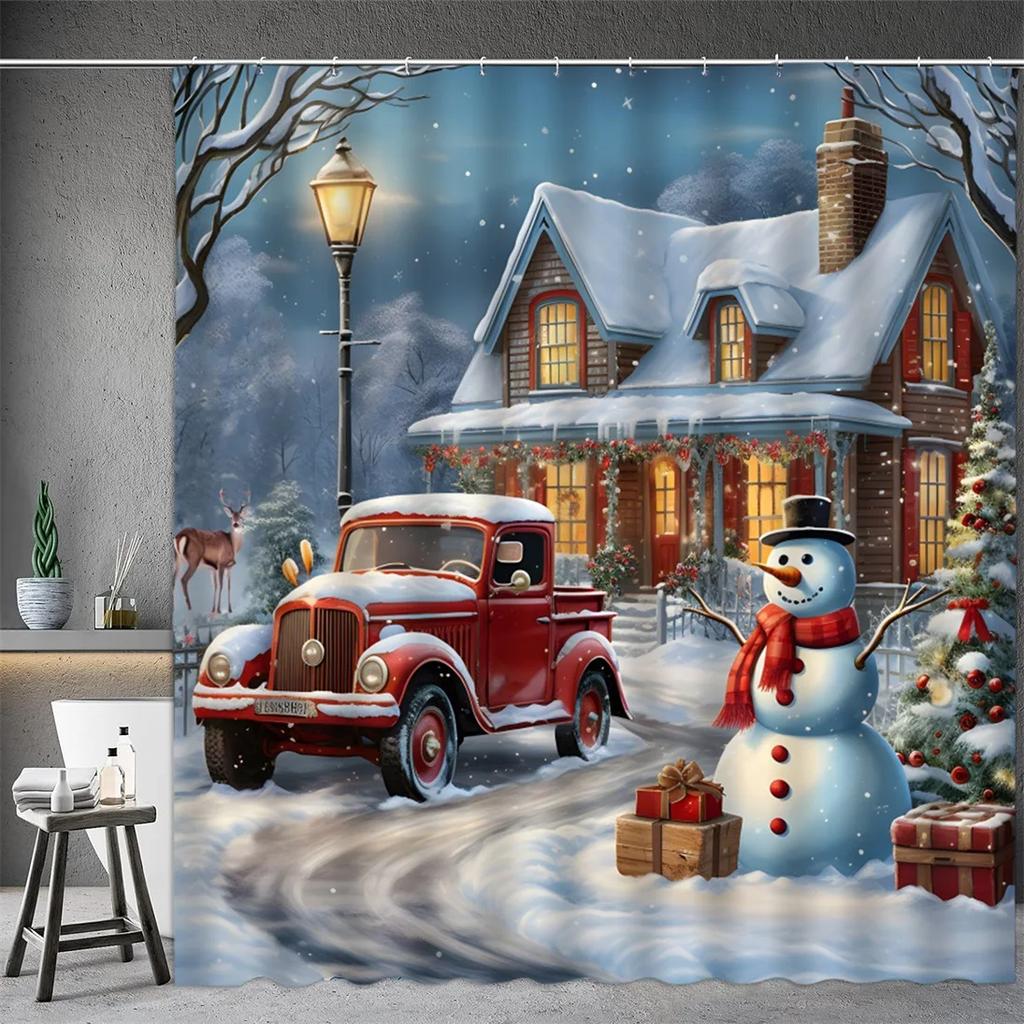 Christmas Shower Curtain, Winter Snowman Santa Claus Snowflake Gnome Farm Truck Berry Christmas Tree Cartoon Bathroom Decoration