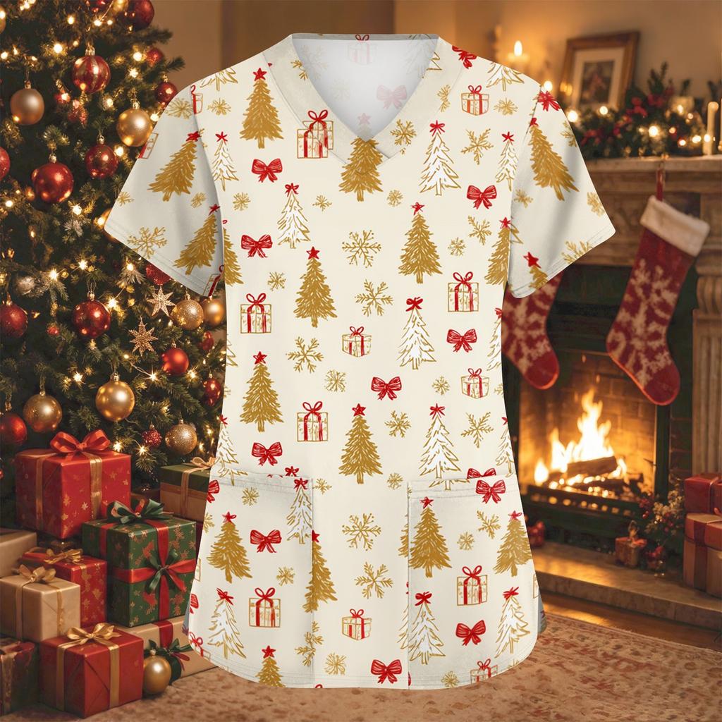 Women's Fashion Christmas Print V-Neck Short Sleeve Caregiver Work Top with Pockets