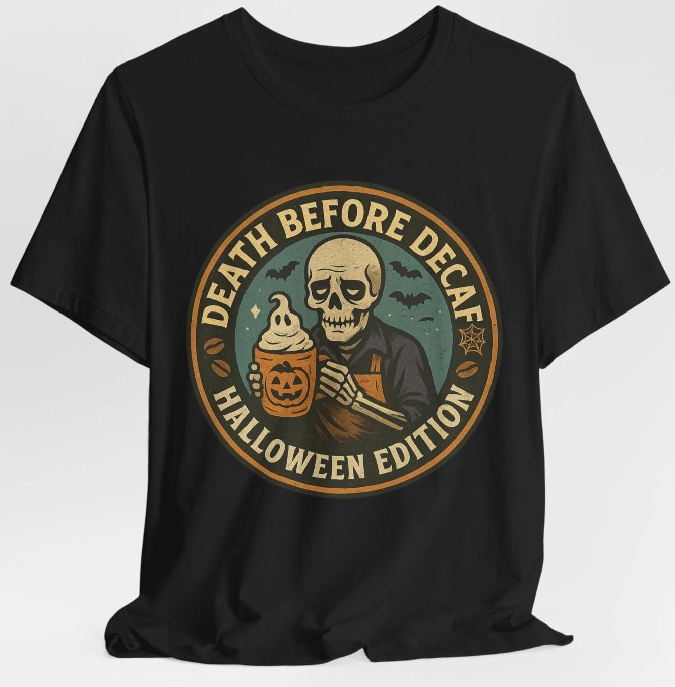 Death No Decaf Halloween Coffee T-Shirt Skeleton Pumpkin Spice Latte Tee L