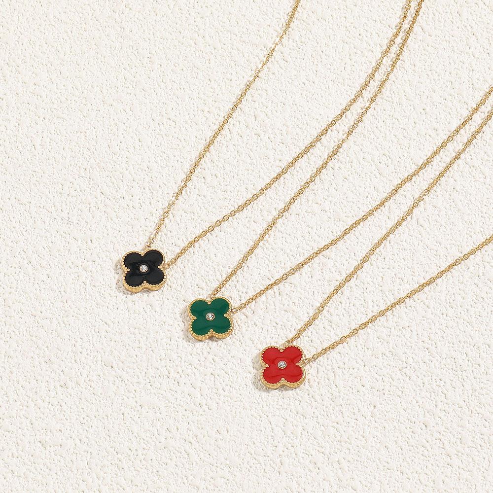 GEMCHIC Women's Four-Leaf Clover Enamel Stainless Steel Necklace with Gold Plating and Rhinestone Pendant