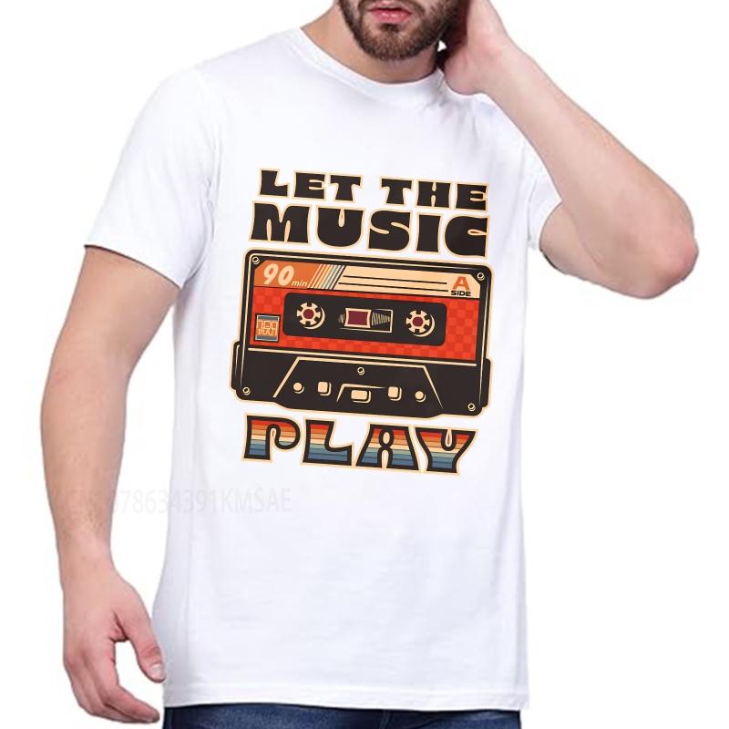 Black summer  t shirt Let The Music Play Cassette Tape Design Short Sleeve Workout ONeck Tee shirt cotton teeshirt