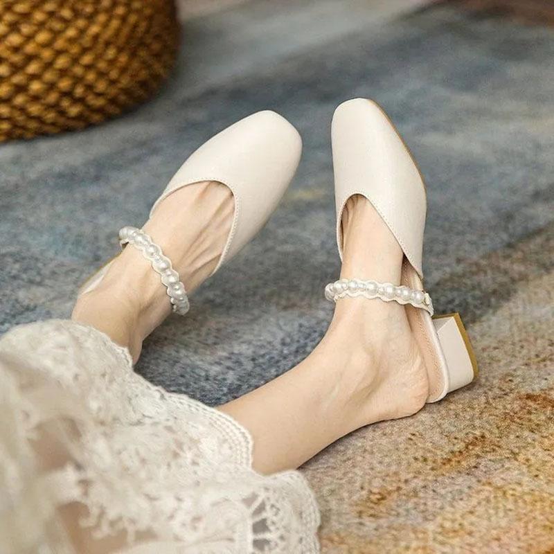 WTEMPO Summer Wrapped Toe Sandals Women's Square Toe Middle Thick Heel Pearl Soft Leather Soft Sole Slippers Fairy Style Comfortable Wear-resistant