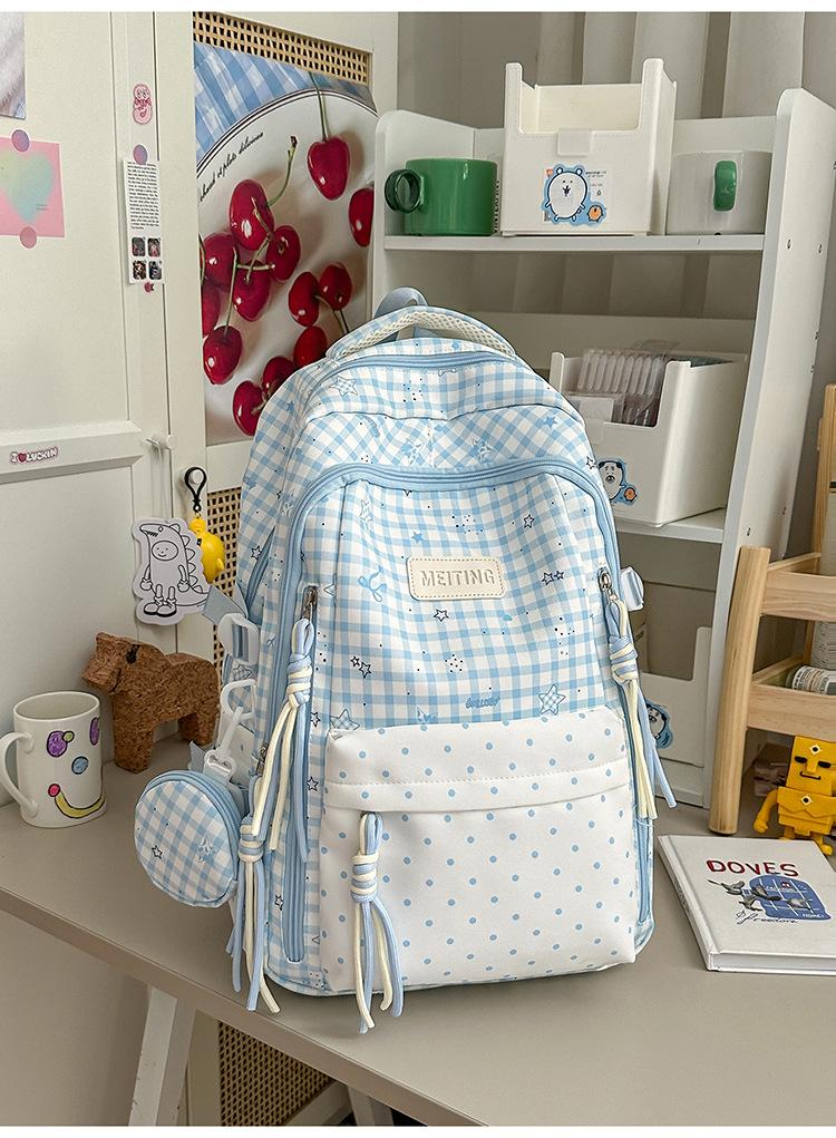 Schoolbag healing department blue and white plaid full of vitality schoolbag Korean ins college style junior high school girls sweet backpack