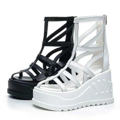 Fashion 10CM Genuine Leather Women Summer Weave Shoes Mules Shoes Punk Ankle Booties Sandals Platform Wedge Platform Wedge Hollow ZIP