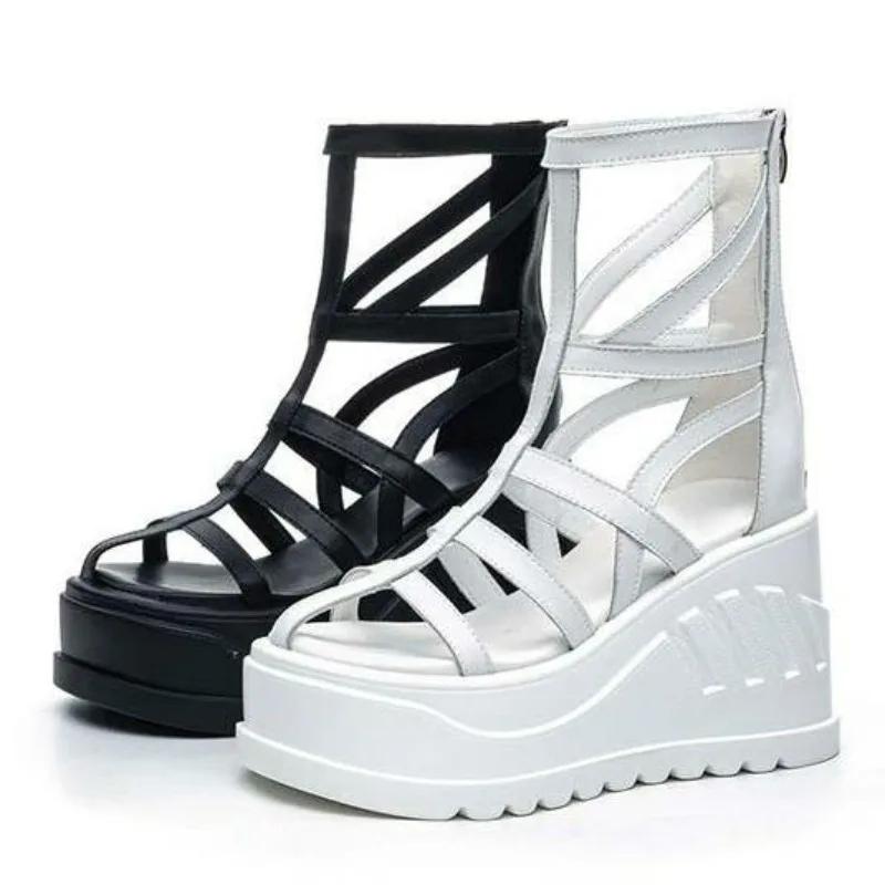 Fashion 10CM Genuine Leather Women Summer Weave Shoes Mules Shoes Punk Ankle Booties Sandals Platform Wedge Platform Wedge Hollow ZIP