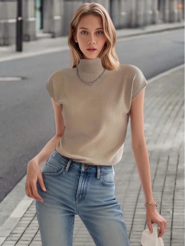 

Женский весенне-летний топ из трикотажа «ледяной шелк» с коротким рукавом и воротником-стойкой 2025 L