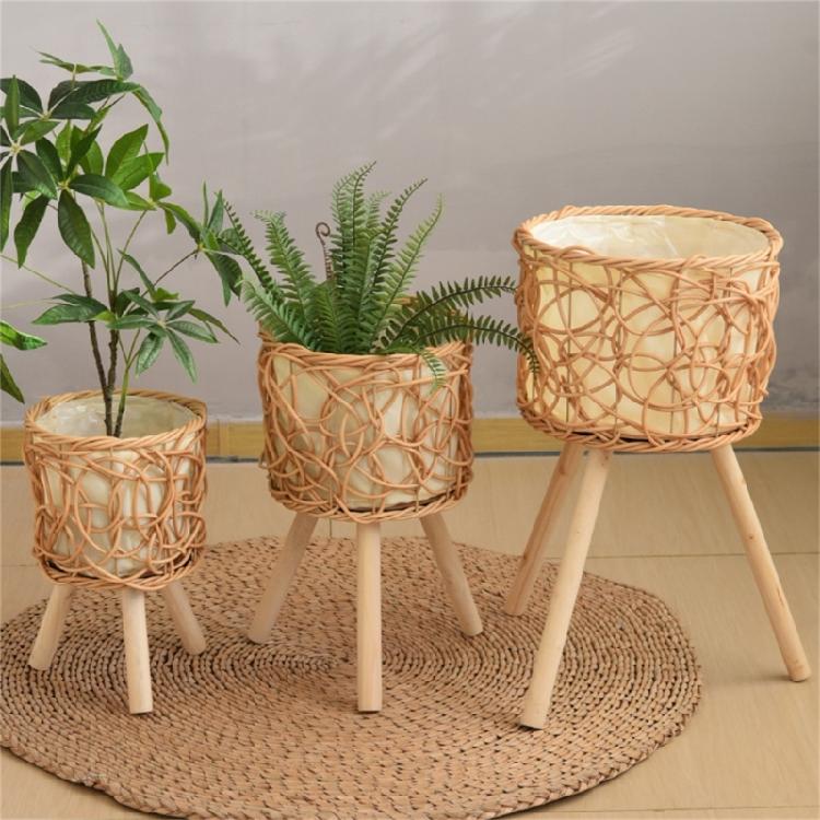 Wood Legs Plant Holder Stool for Home Decoration Stable Floor Planter Basket Woven Balcony Flower Pots Display Shelf