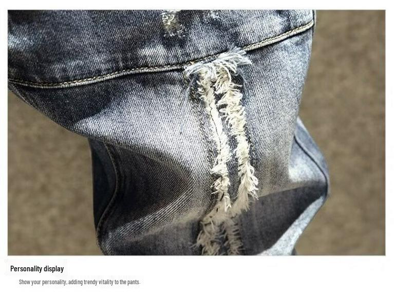 2025 Spring/Summer Men's Slim Fit Patchwork Ripped Jeans, Straight Leg, Blue with Applique and Raw Edge