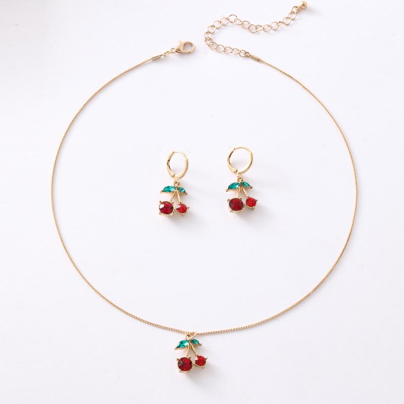 Sweet Cherry Necklace And Earring Set For Women Cute Fruit Jewelry Summer Accessories