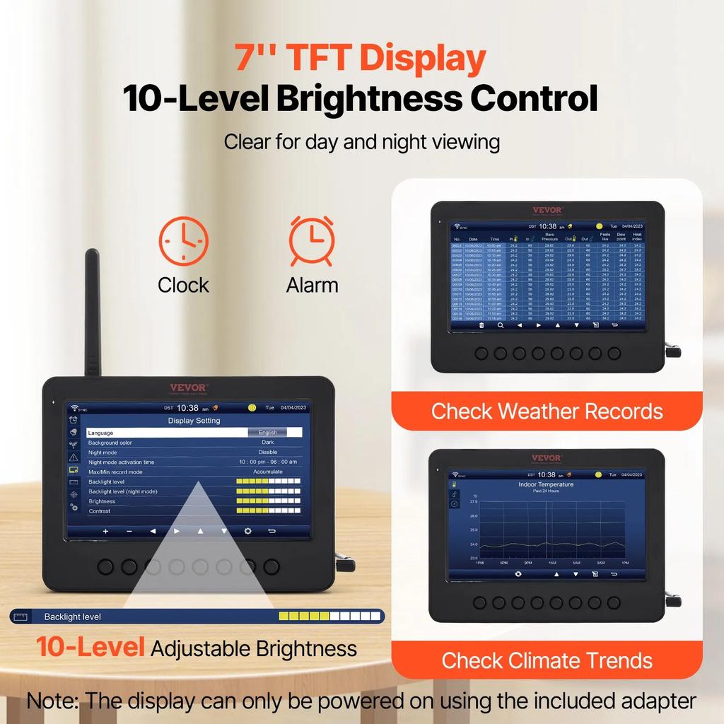 VEVOR 7-in-1 Wi-Fi Weather Station 186mm (7 In) TFT Display Wireless Outdoor Sensor
