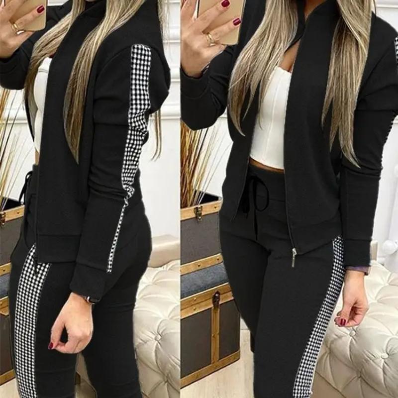 Damska Moda Casual Wiosna Jesień Krata Druk Długi Rękaw Spodnie Garnitury