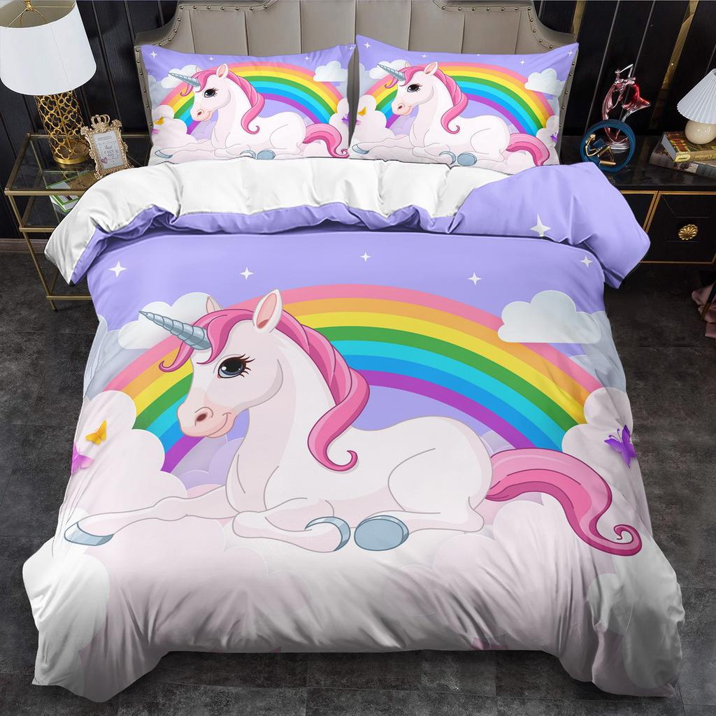 Unicorn Theme Duvet Cover Set - 2/3Pcs, Soft Comfortable Breathable, Rainbow Unicorn Print Bedding Set, Fantasy Animal Print