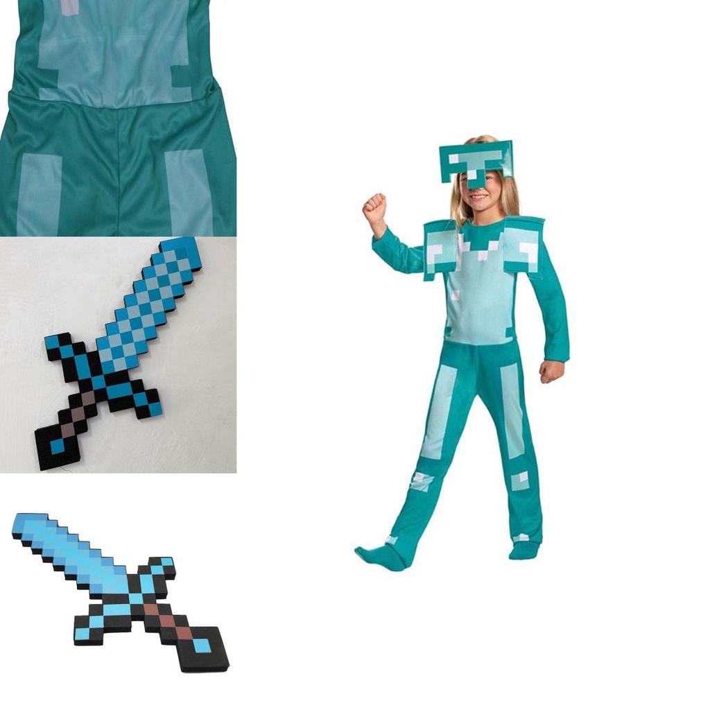 Minecraft Steve Rüstung Kinder Cosplay Kostüm Jumpsuit für Jungen und Mädchen Perfekt für Halloween und Verkleidungsveranstaltungen