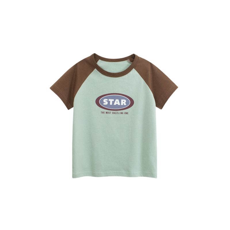 27Kids Summer Children s Clothing Boys Letter Short-Sleeve T-Shirt Half-Sleeve Children s Raglan Sleeve Top Baby Pure Cotton Clothes 9A013 Waterfall Green/Coffee 90
