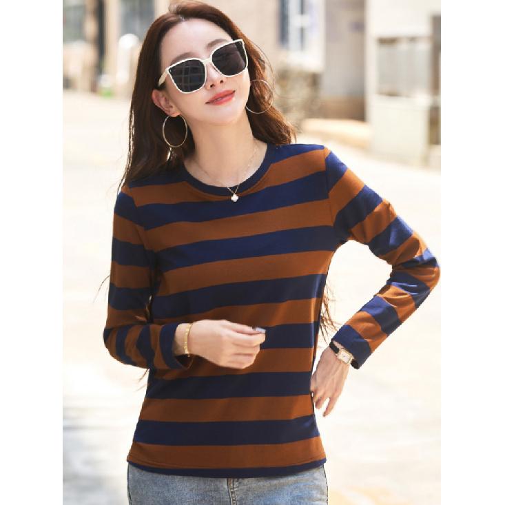 Dámské letní fialové pruhované bavlněné tričko s kulatým výstřihem, dlouhým rukávem, volného střihu, ležérní módní top s protižmolkovací úpravou, digitální