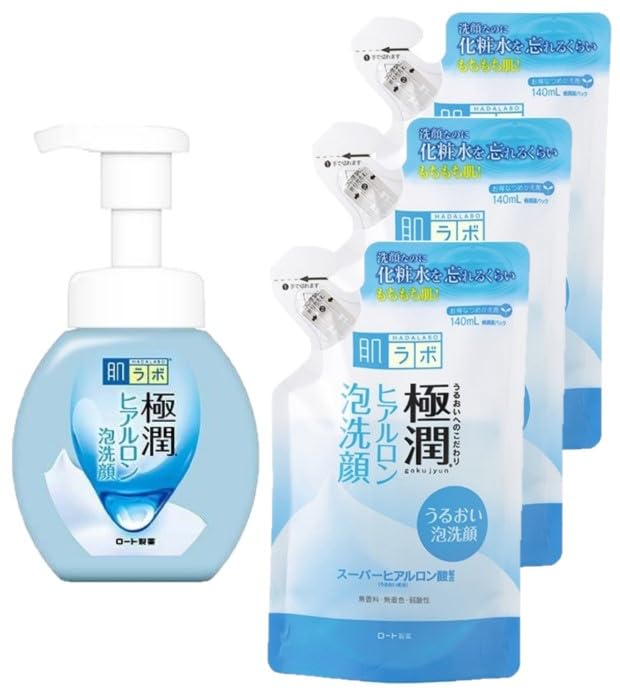 

Hada Labo Gokujun Hyaluronic Foaming Facial 160mL 140mL Refill Cleanser, (x1) + (x3)