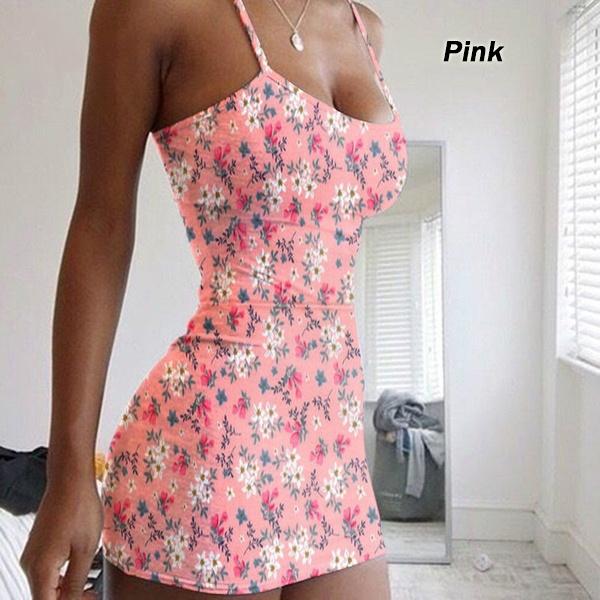 

Новая Мода Женское Платье на Бретелях Спагетти с Цветочным Принтом Летнее Повседневное Платье без Рукавов с Цветочным Принтом Сексуальные Облегающие Платья M розовый