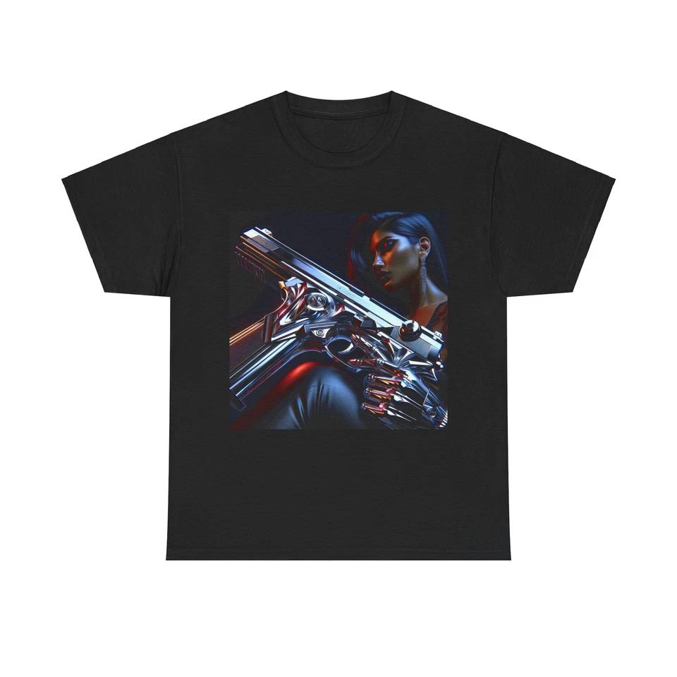 Unisex Adult T Shirt Futuristic Chrome Gun Female Figure M