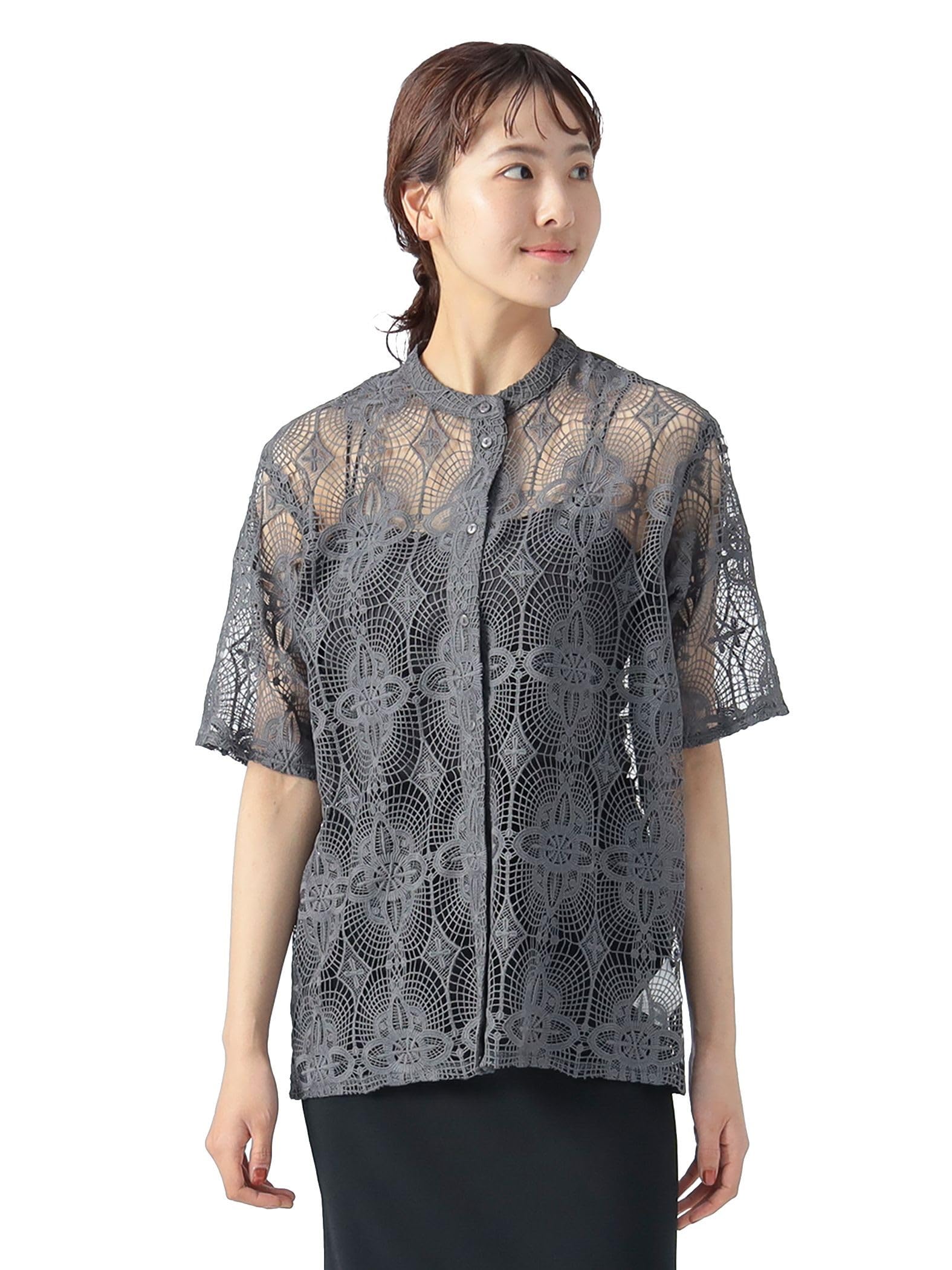 

Beams Heart Lace One Size Women s S/S Blouse, Charcoal, серый